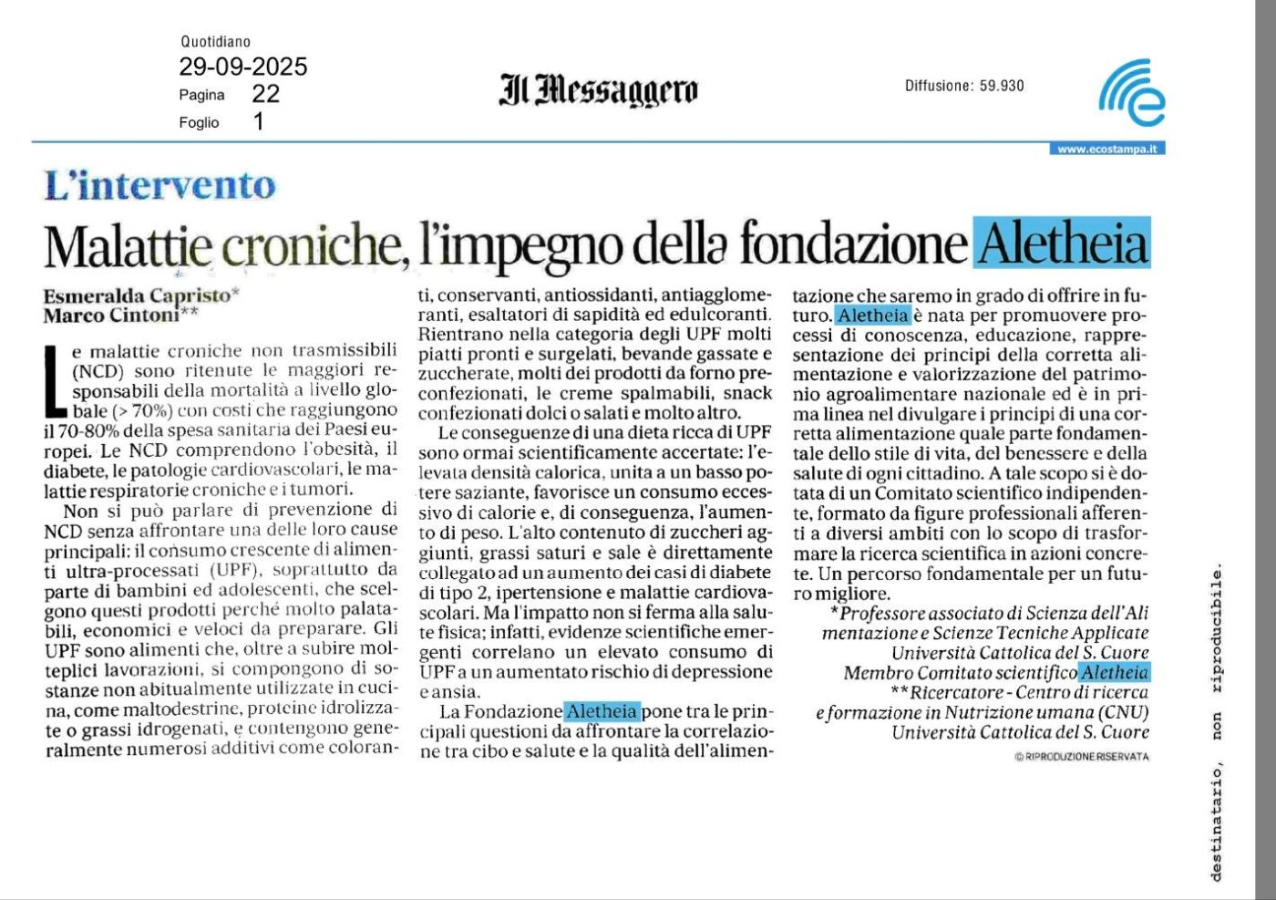 29 settembre 2025 - Malattie croniche, l'impegno della fondazione Aletheia - Esmeralda Capristo e Marco Cintoni - IlMessaggero