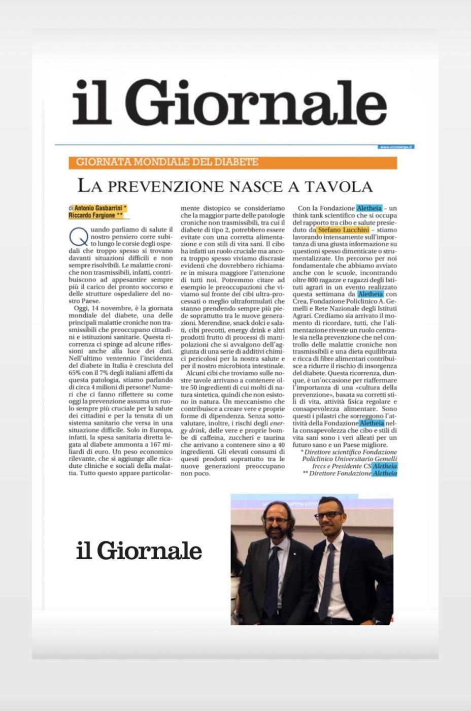 14 novembre 2025 - Giornata Mondiale del Diabete: la prevenzione nasce a tavola - Antonio Gasbarrini e Riccardo Fargione - Il Giornale
