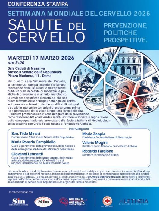 17 marzo - Settimana mondiale del Cervello 2026 Conferenza Stampa al Senato con Fondazione Aletheia, SIN (Società Italiana Neurologia) e Croce Rossa Italiana: "Salute del Cervello. Prevenzione, Politiche, Prospettive"