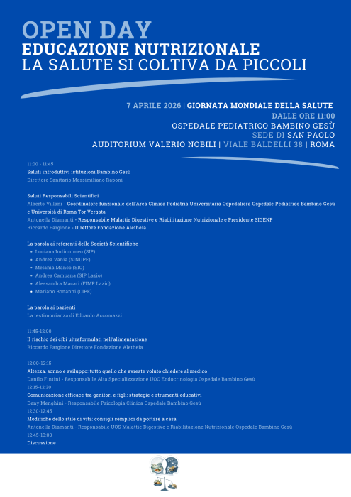 7 aprile 2026 - Giornata mondiale della Salute - Fondazione Aletheia e Ospedale Pediatrico Bambino Gesù: "La salute si coltiva da piccoli"